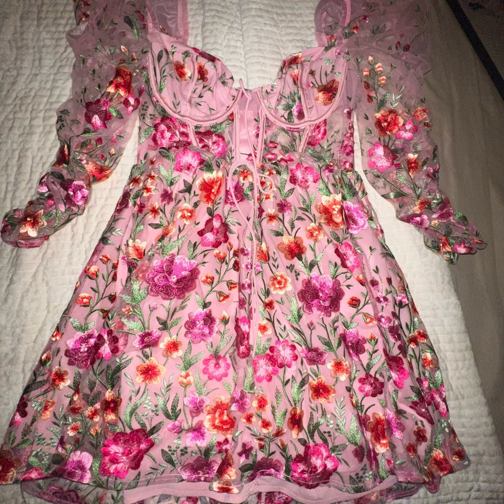 Pink flower embroidered dress with corset. Medium/For love and lemons brand